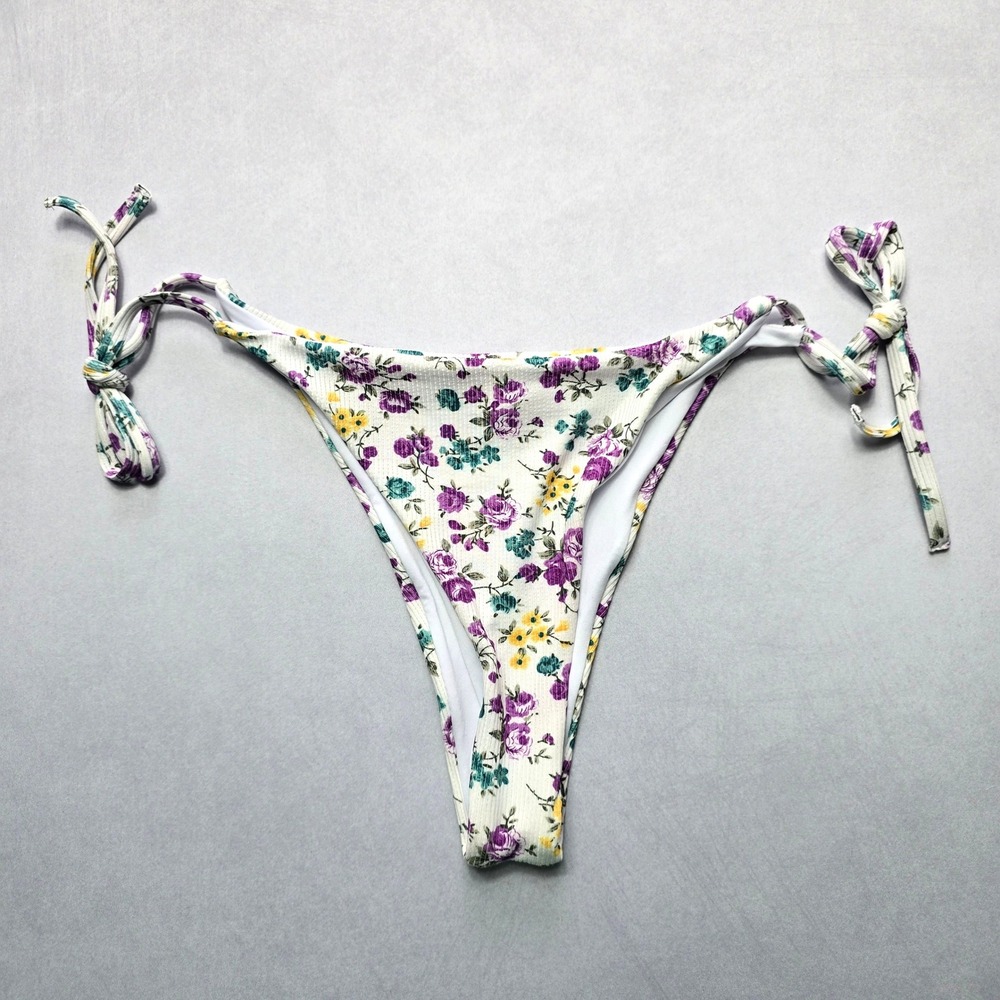White Flower Ribbed Thong Tie Swim Beach Flirty Boho Bikini Bottom L Large